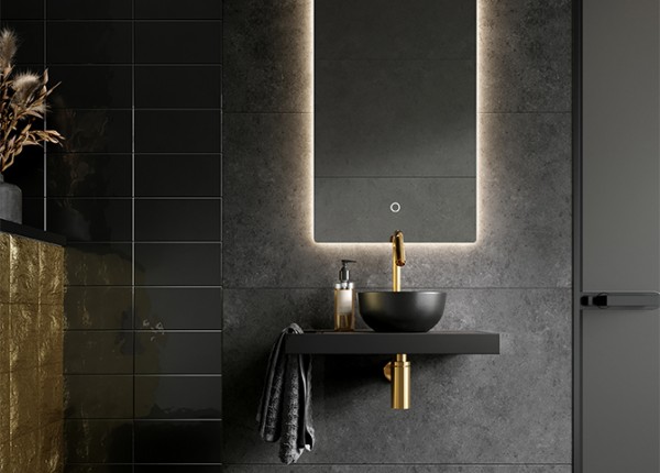 Zense frame zwart mat + plateau garnet grey + fonteinkom basalt + kraan goud mat