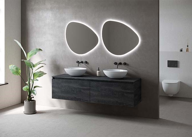 Matrix 160 cm 3D-front garnet grey + bovenblad met waskom Stone + spiegel Stone
