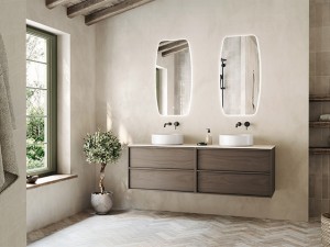 Home 160cm brown oak veneer + bovenblad digistone grey line + waskom Note + spiegel Omega