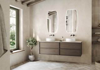 Home 160cm brown oak veneer + bovenblad digistone grey line + waskom Note + spiegel Omega