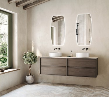 Home 160cm brown oak veneer + bovenblad digistone grey line + waskom Note + spiegel Omega