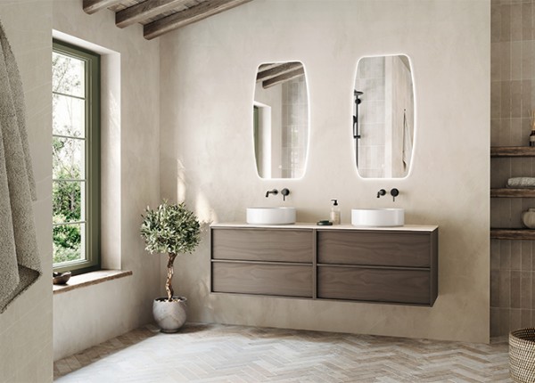 Home 160cm brown oak veneer + bovenblad digistone grey line + waskom Note + spiegel Omega