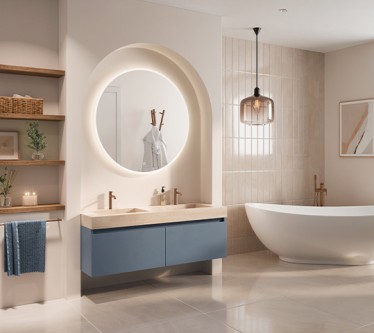 Maatwerk Matrix 134x40cm RAL 5024 + maatwerk digistone wastafel + spiegel Reflex + planchet honey